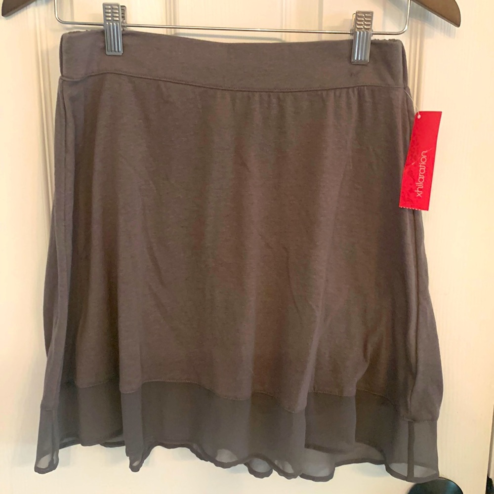 Gray cotton mini skirt with sheer trim.